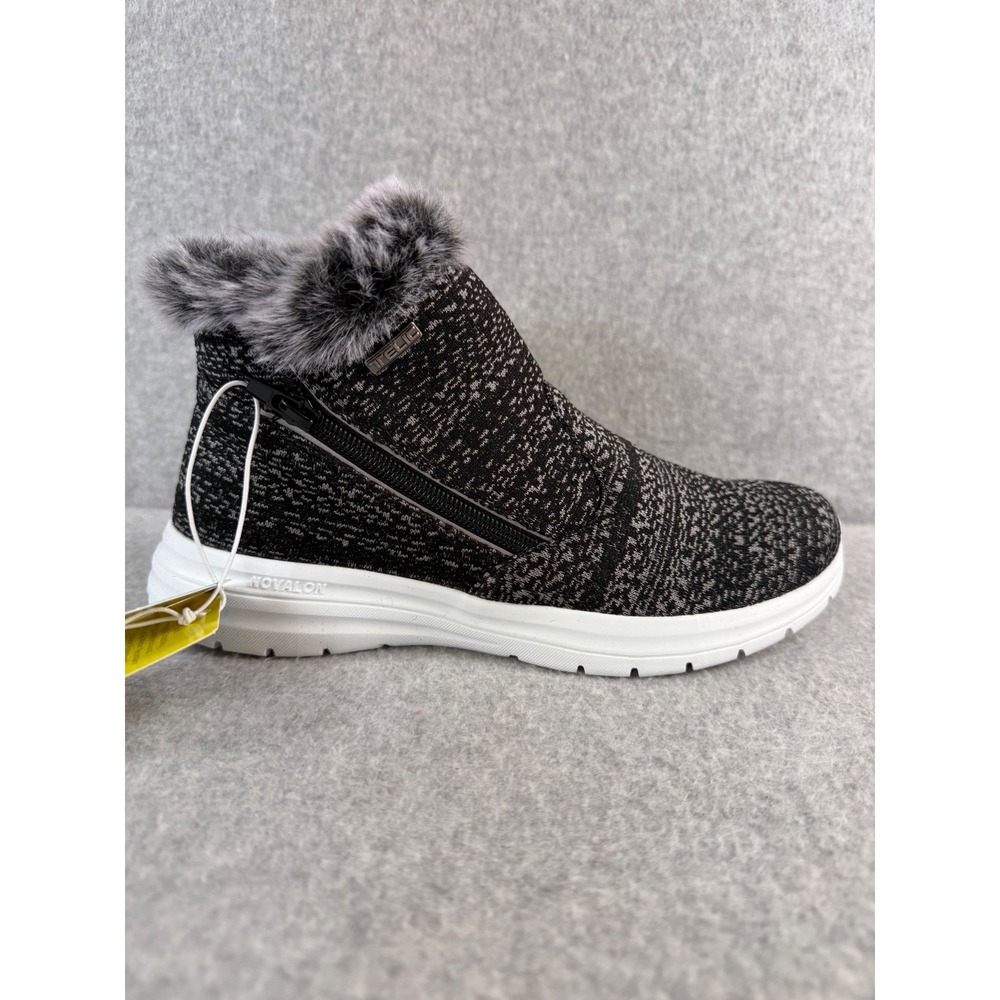 Telic Apres-Ski Ankle Boots Black White Marl Faux Fur Trim Novalon Sole Size 8